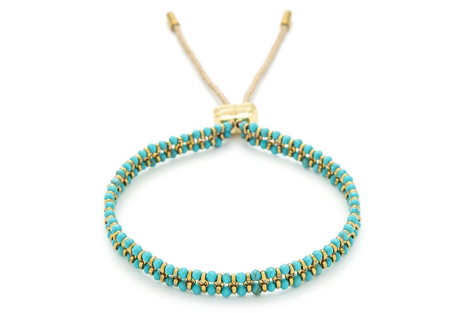 Talia Turquoise Gold Braided Bracelet with turquoise howlite beads and gold chain links, perfect for layering or as beachwear.