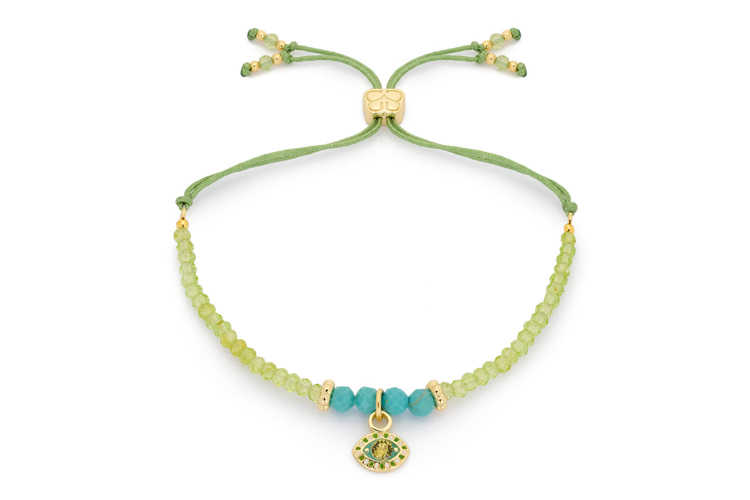 Treasure Gold Peridot & Turquoise Charm Bracelet featuring peridot and turquoise howlite beads with a gold-plated crystal seeing eye charm, adjustable with a thread slider.