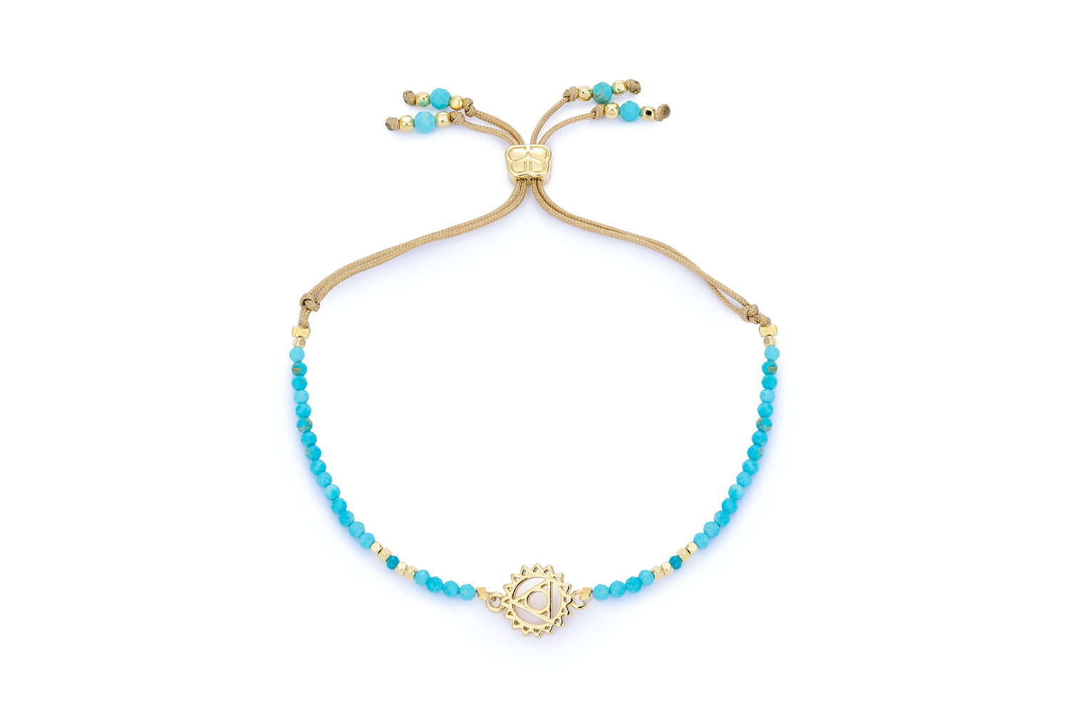 Turquoise Howlite, Apatite & Gold Throat Chakra Bracelet featuring calming blue gemstone beads, a 12k gold-plated chakra charm, and an adjustable slider fastening for a comfortable, custom fit.