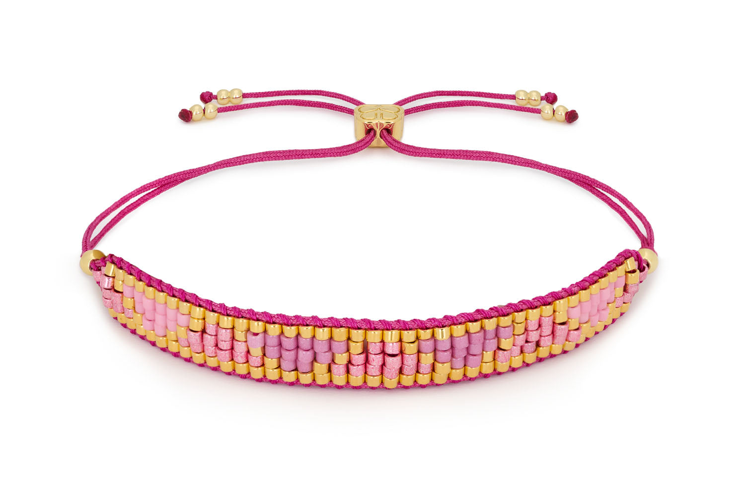 Venus Point Pink Beaded Friendship Bracelet with five rows of soft pink and gold beads, featuring a luxurious and multi-dimensional design.