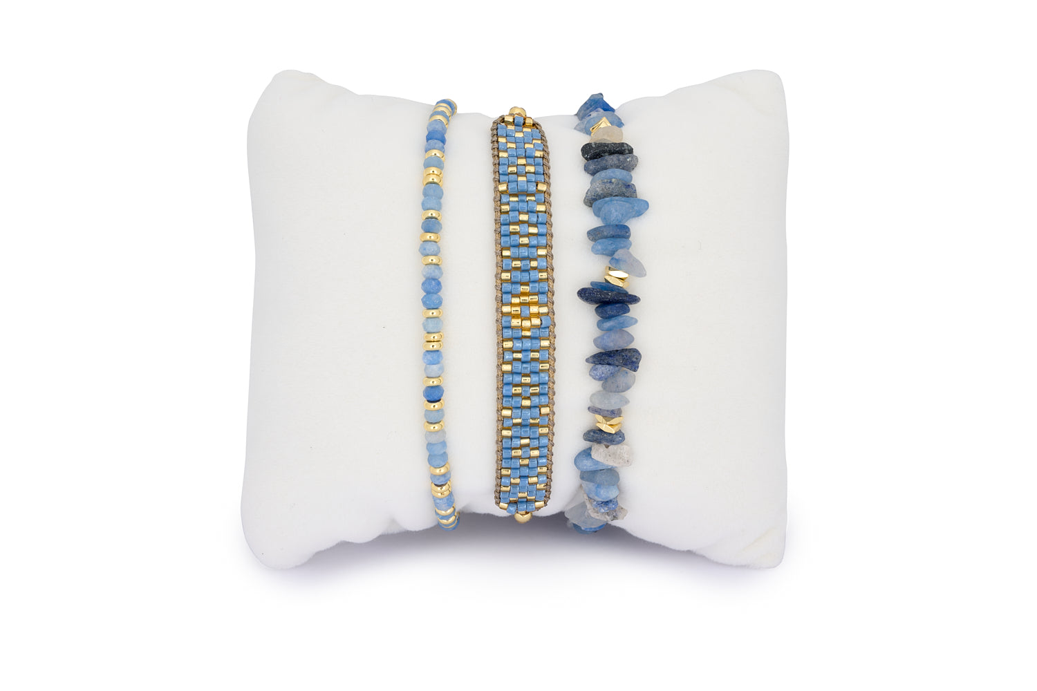 Wakaya Blue Aventurine Gold Bracelet Stack featuring a trio of blue Aventurine gemstone bracelets with Miyuki beads and gold-plated accents.