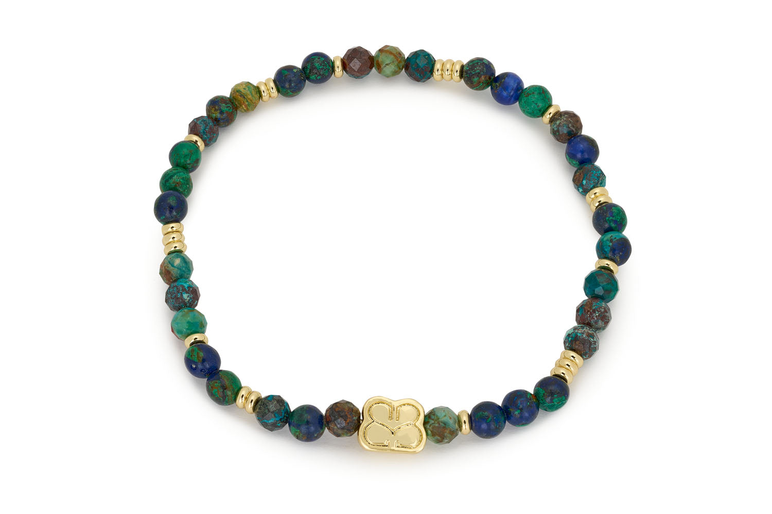 Wonder Azurite Gold Stretch Bead Bracelet featuring vibrant azurite gemstone beads in shades of blue and green, accented with 12k gold-plated details.