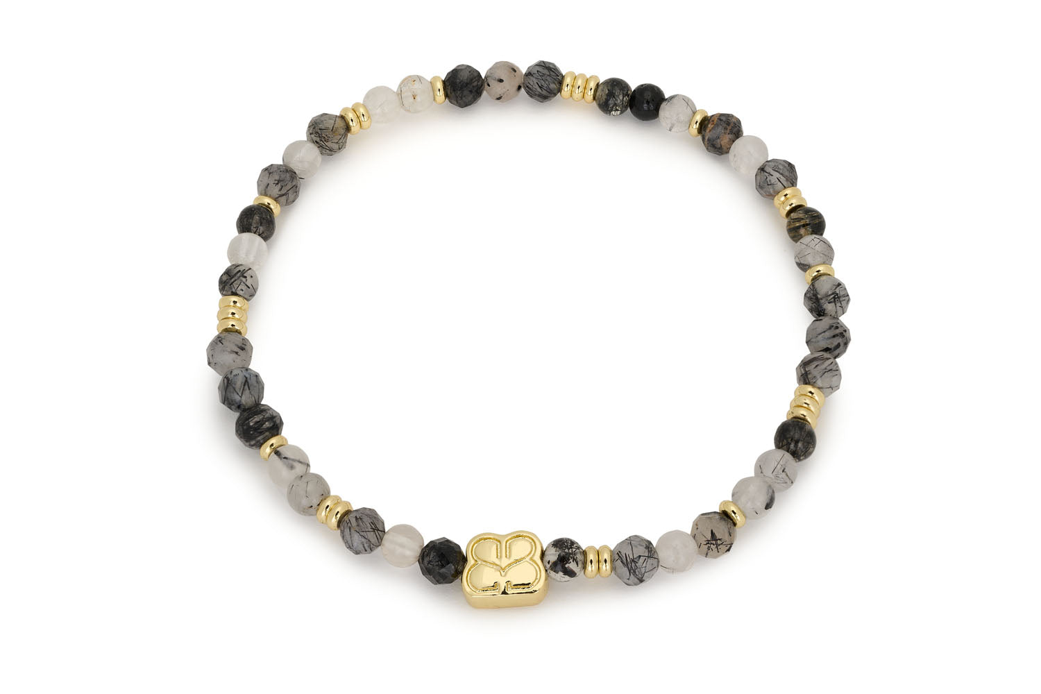 Wonder Gold & Black Rutilated Quartz Stretch Bead Bracelet featuring faceted quartz beads with thread-like inclusions and 12k gold-plated accents, perfect for cosmic-inspired elegance.