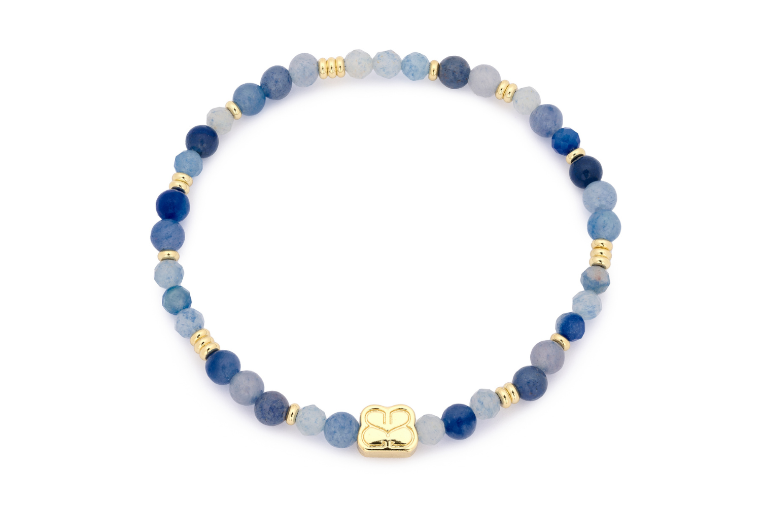 Wonder Gold & Blue Aventurine Stretch Bead Bracelet featuring faceted blue Aventurine beads and 12k gold-plated accents, perfect for bringing tranquil elegance to any look.