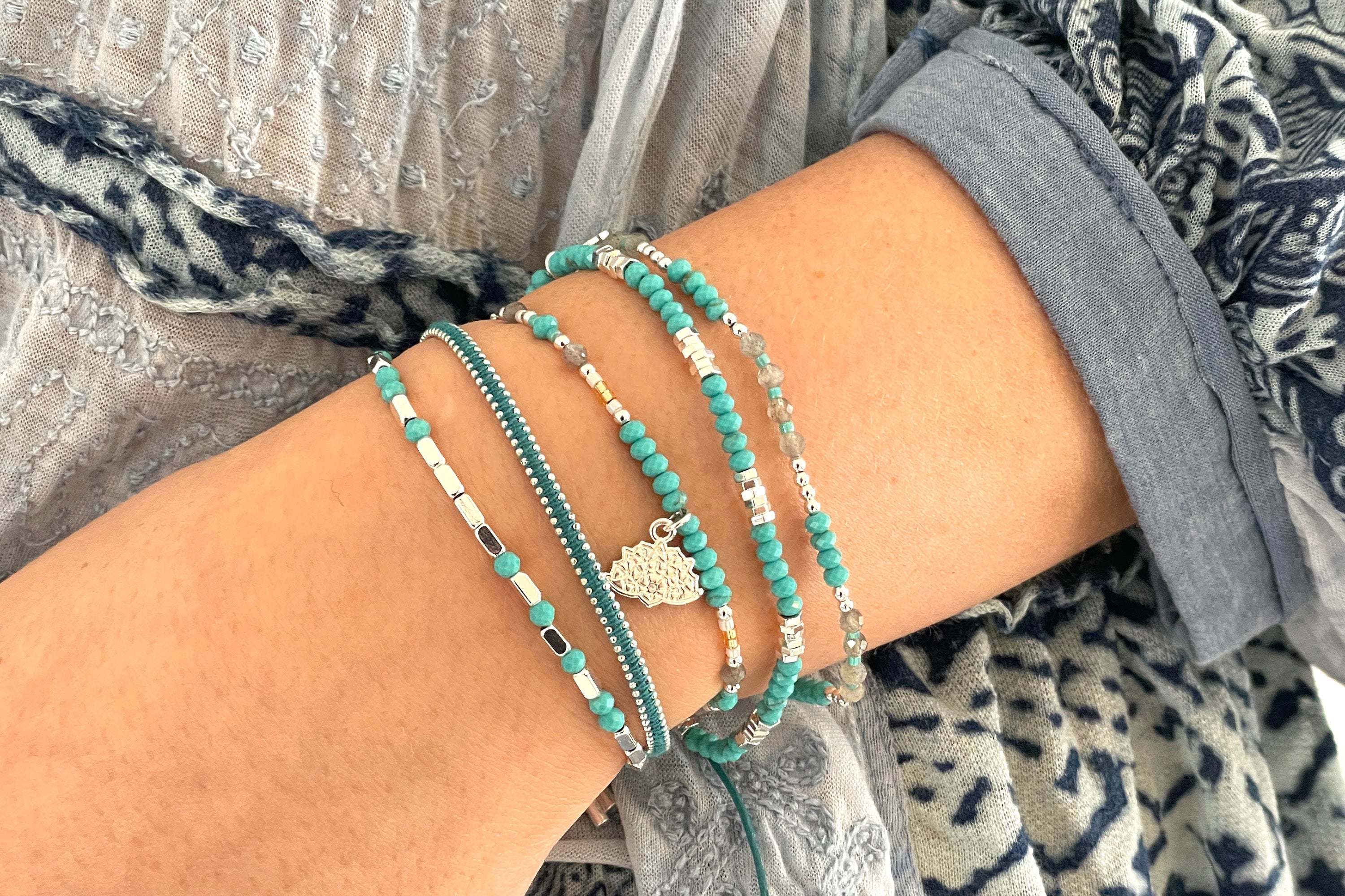 Cerulean Turquoise Silver Stretch Bracelet - Boho Betty