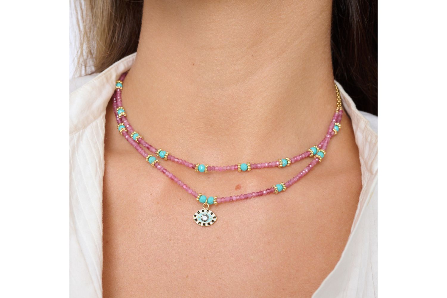 Syros Pink Tourmaline Turquoise Gemstone Gold Necklace