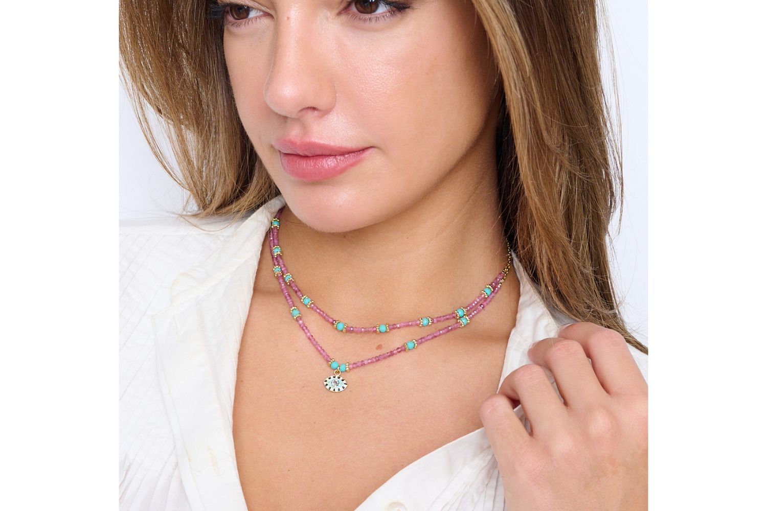 Syros Pink Tourmaline Turquoise Gemstone Gold Necklace